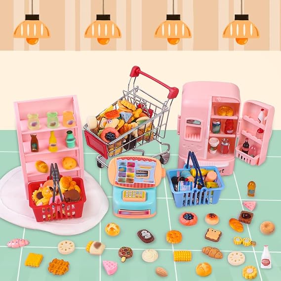 DULEFUN 143pcs Mini Shopping Cart Basket Miniature Food Drink Bottle Toys, Supermarket Shelve Metal Handcart Cash Register for Dollhouse Store AccessoryPretend Play Cosplay Game Kids Party Favor