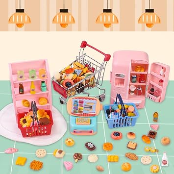 DULEFUN 143pcs Mini Shopping Cart Basket Miniature Food Drink Bottle Toys, Supermarket Shelve Metal Handcart Cash Register for Dollhouse Store AccessoryPretend Play Cosplay Game Kids Party Favor