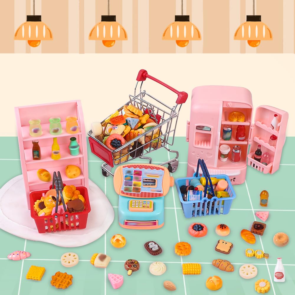 143 piezas Mini cesta de la compra en miniatura de comida bebida botella de juguetes, estante de supermercado, carrito de metal para caja registradora para tienda de casa de muñecas, accesorio 7