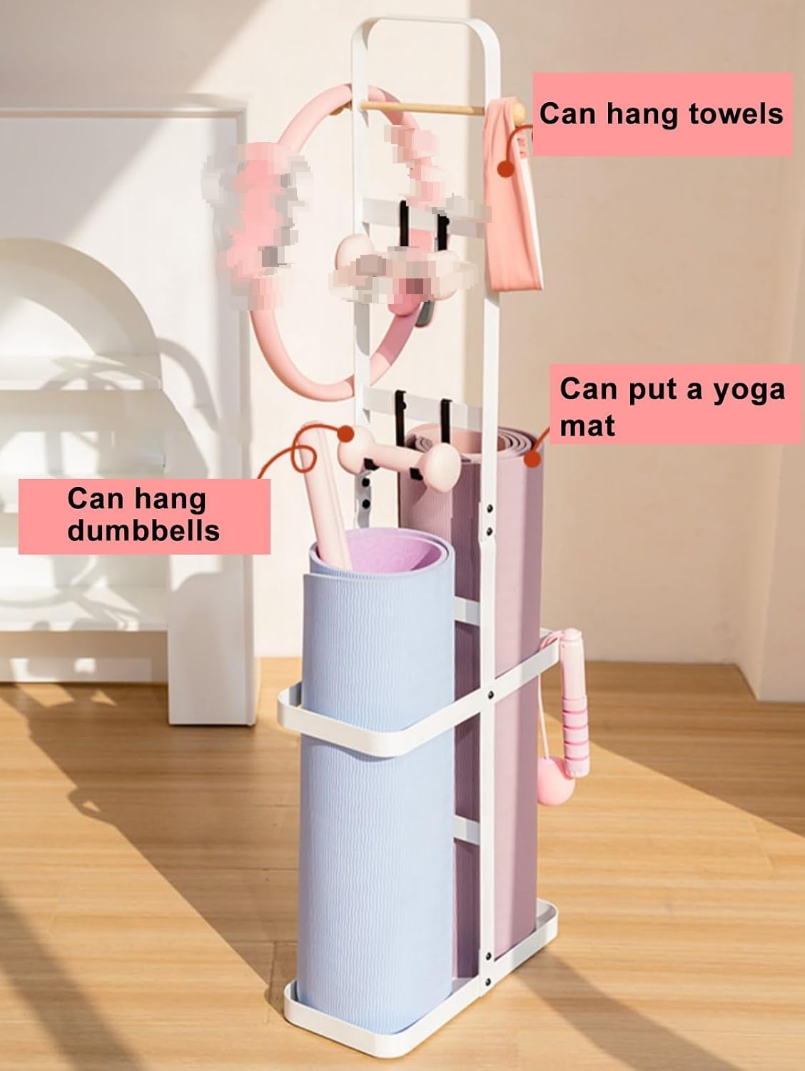 Yogamatten-Aufbewahrungsständer, langlebiger Metallboden-Standhalter mit verstellbaren Haken - Idealer Organizer für Heim-Fitness- und Fitnesscenter, stilvolles und platzsparendes Design (weiß)