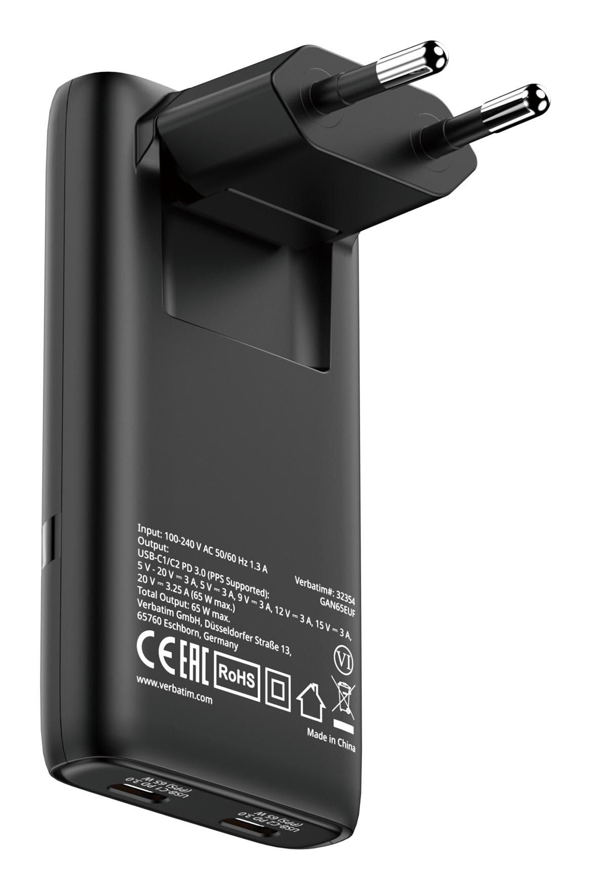 Verbatim Chargeur Fold’n’Go GaN 65W, Chargeur Pliable USB-C, Adaptateur Secteur avec 2 Ports USB-C Power Delivery 3.0, Chargeur Rapide multiports, pour Ordinateur Portable, Tablette, Smartphone, Noir