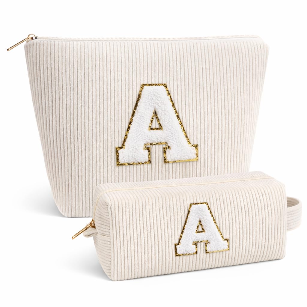Giftota 2 Stück Personalisierte Kosmetiktasche Damen Cord Schminktasche, A–Z Make up Tasche mit Buchstaben, Kulturtasche für Reisen, Geschenk für Frauen Mädchen, Geburtstagsgeschenk für Frauen Mama A