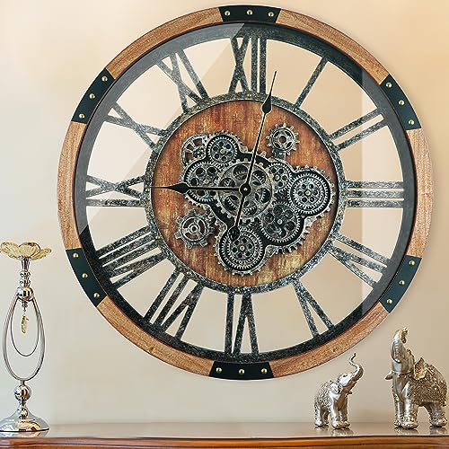 TOPPTIK 24 Inch Moving Gear Wall Clock, Oversized Wall Clocks, Clock Living Room Decor, Solid Wood Frame, Battery Operated, Large Wall Clock with Steampunk Industrial for Fireplace(Brown)