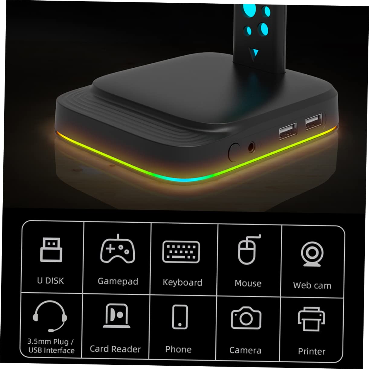 Soporte para Auriculares de Escritorio RGB Negro Abs USB | Concentrador de 2 Puertos, para PC Gaming y Escritorio, Accesorio de Exhibición