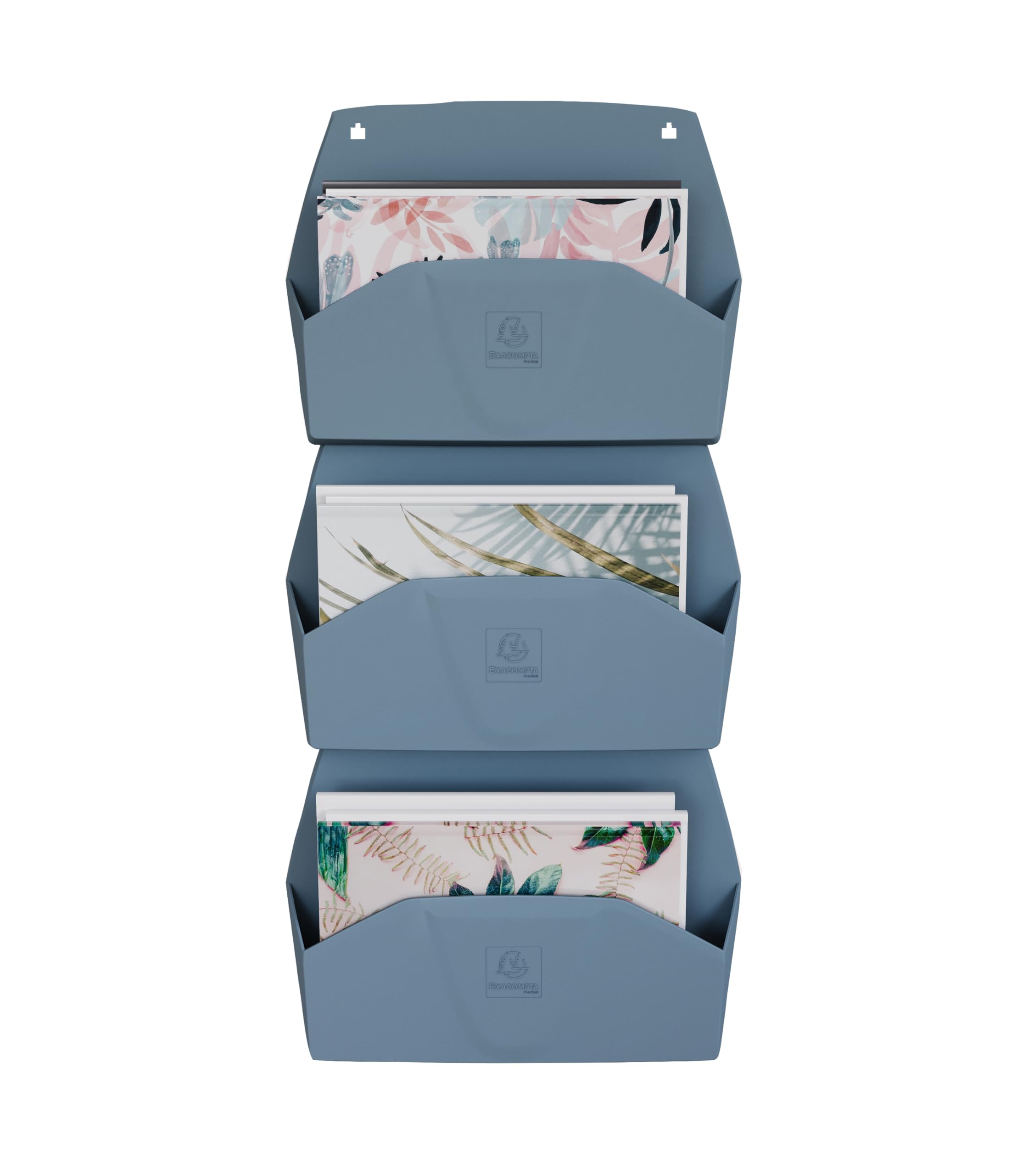 Exacompta - Ref 61170D - Box of 3 Horizontal wall sorters 3 compartments AUTENTIK, A4 wall displays, Document Holders, wall Bins - Dimensions: D 43.6 x W 39.6 x H 10.2 cm - Blue Grey