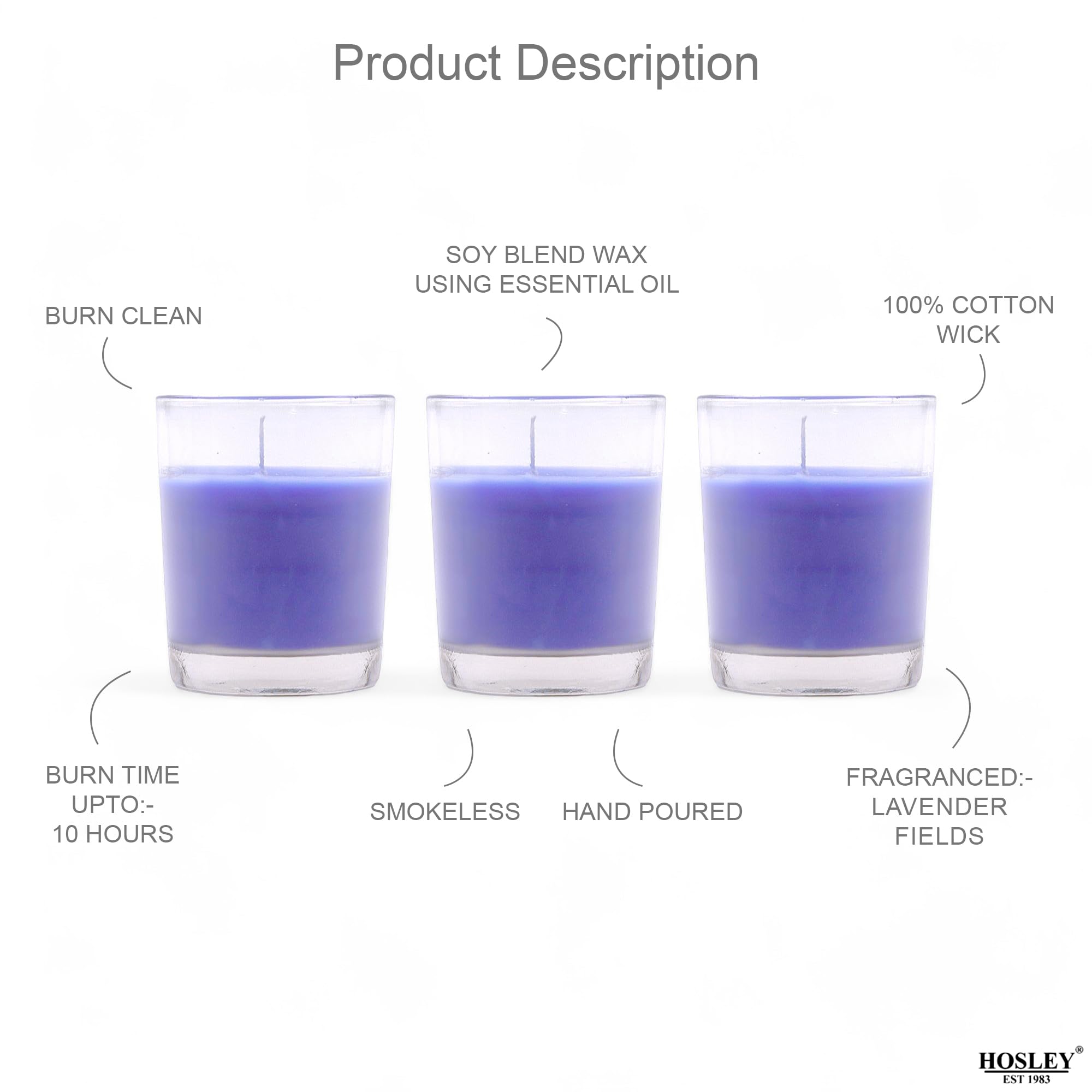 HOSLEY Lavender Fields Fragrance Glass Votive Candles| Scented Votive Glass Candles Perfect for Home Decor| Burn Time 12 Hours Each|4.2 cm Diameter|Pack of 3|6 cm Long Each (1.6 Oz Wax Each) 2
