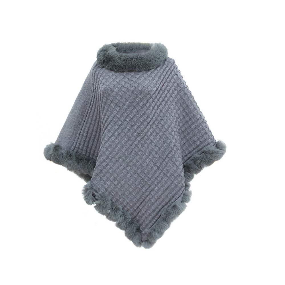 Elegantes chal lisos de gofre para mujer, Suéteres de piel abrigados de cinco puntas para mujer, Poncho con ribete de piel sintética