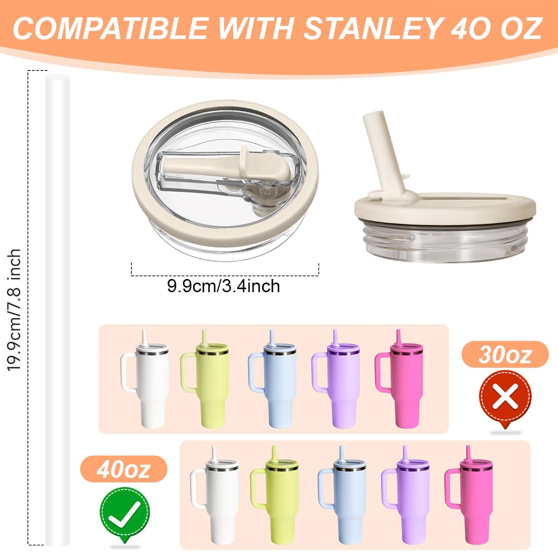 Sostituzione Del Coperchio Della Tazza Compatibile con Stanley Cup - Coperchi di ricambio riutilizzabili per Stanley da 40 oz, con 2 Cannucce, Anti-perdite e Anti-polvere(2 Pezzi, Beige)