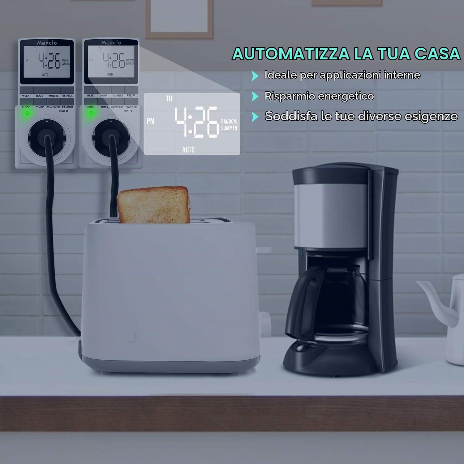 Presa Temporizzata, Maxcio Presa Elettrica Digitale, Spina Timer Programmabile con Ampio display LCD, Modalità Casuale Antifurto, Risparmio di Energia, Adatto ai Molti Elettrodomestici