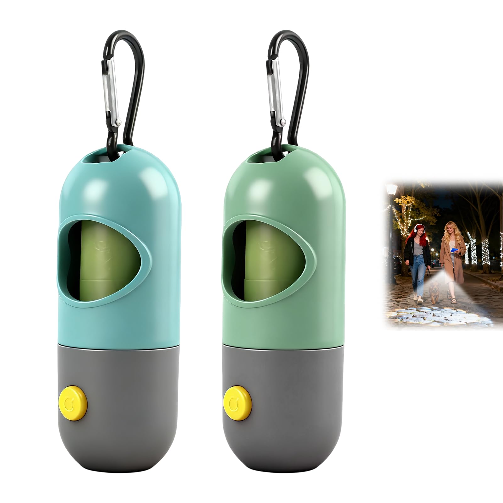 2Pcs Dog Poop Bag Dispenser with LED Flashlight, Pet Waste Bag Holder with Carabiner Clip for Leash, Includes 30 Dog Waste Bags, Poo Bag Dispenser for Dogs with Flashlight, poo bag holder
