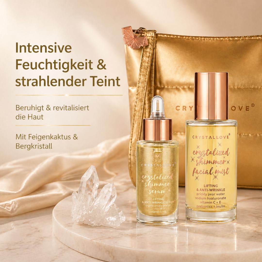 CRYSTALLOVE Clear Quartz Skincare Duo – Gesichtsserum 30 ml & Face Mist 100 ml mit Bergkristall inkl. Kosmetiktasche – Hautpflege Set für Glow, Feuchtigkeit & Frische – Geschenkset