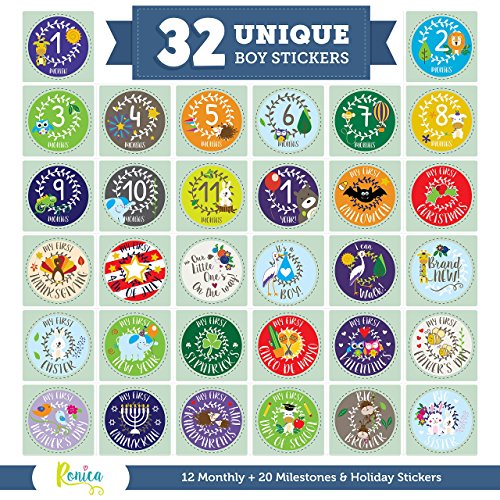 Massive Pack of 32 Ronica Baby Boy Stickers: 12 Baby Monthly Stickers + 20 Popular Milestones Baby Stickers - Record Your Baby's Growth, Holidays and Special Firsts - Unique Baby Gifts