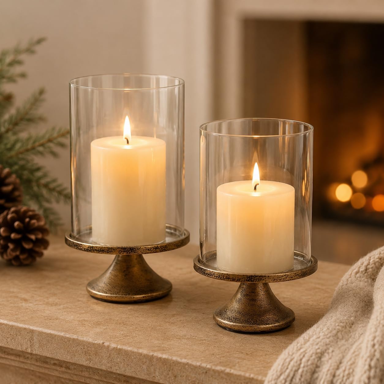 Hurricane Glass Candle Holder with Bronze Metal Base, 2-Pack