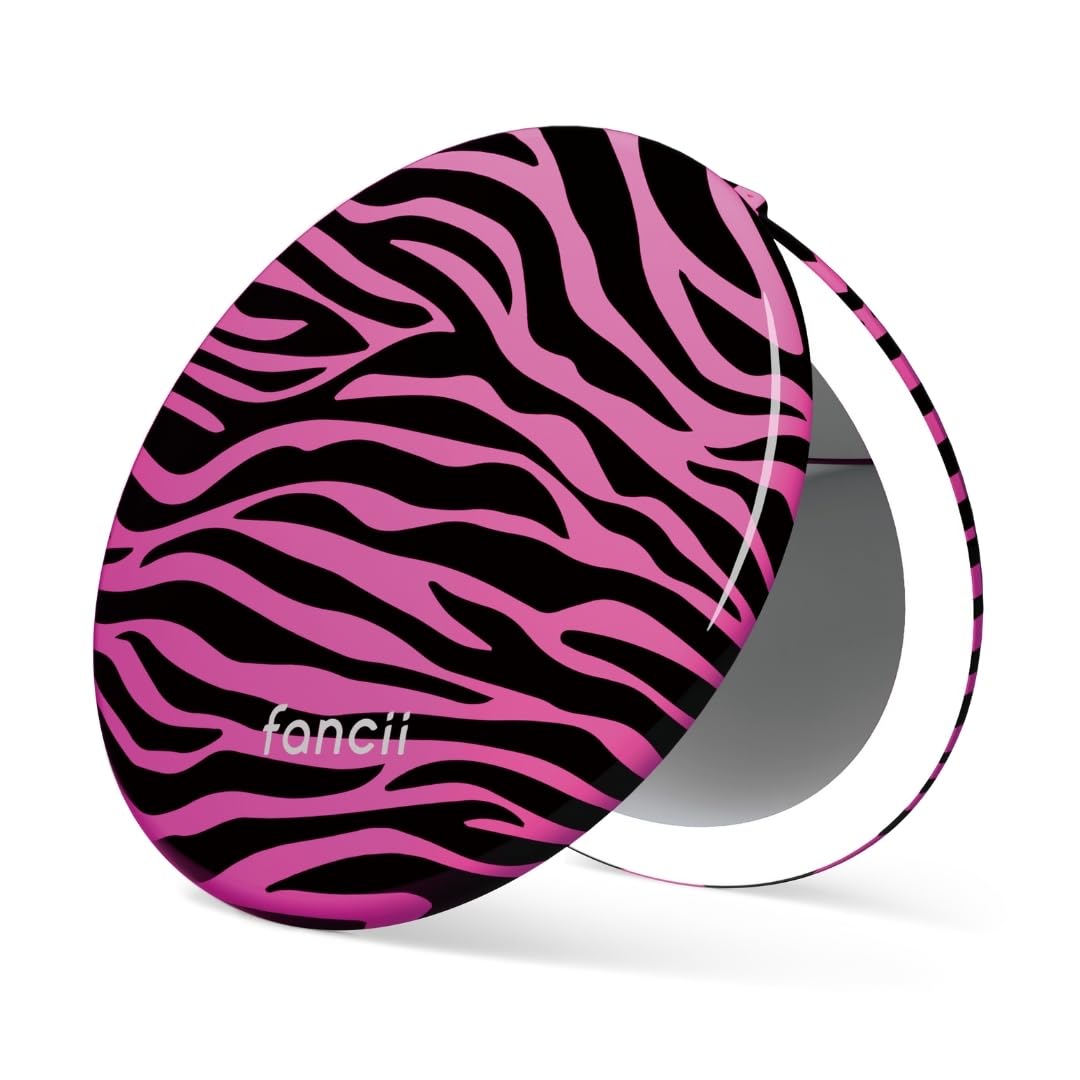 Fancii Taylor LED Lighted Travel Makeup Mirror, Rechargeable, 10x /1x Magnifying, Tru-Glow Lighting System, XL Large 5” Wide | Compact Mirror for Purses (Hot Pink Safari)