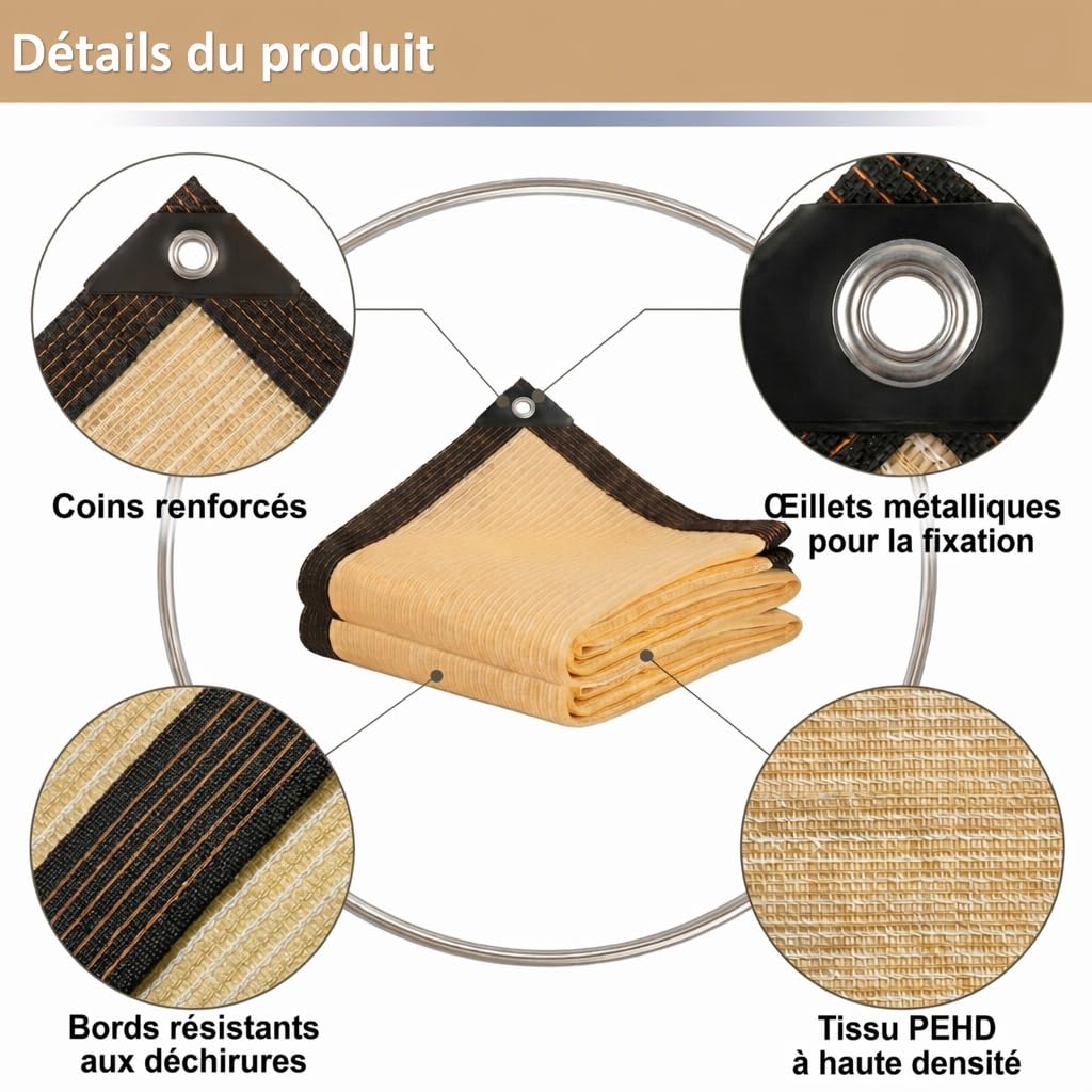 Filet Ombrage 3x4m Beige - Toile Haute Densité, Taux Ombrage 95% - Voile Rectangulaire avec Mousquetons & Corde 20m pour Serre, Jardin, Terrasse, Plantes