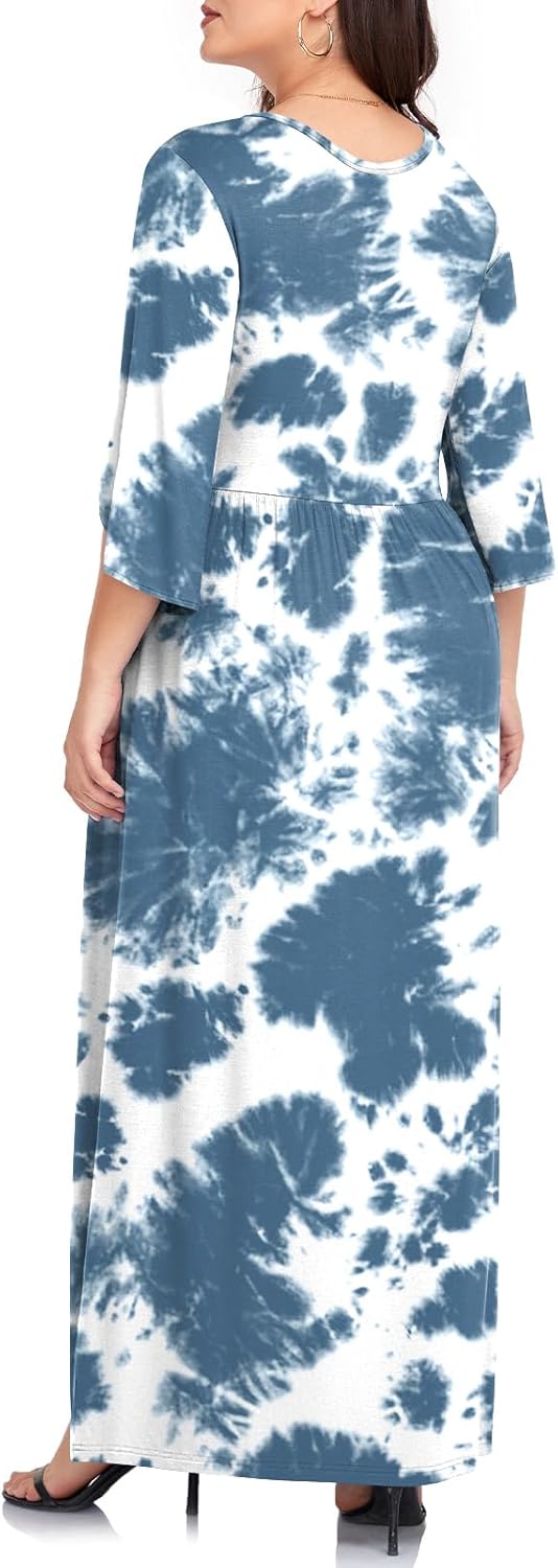 TAOHUADAO Women's Summer Plus Size Dresses Crewneck Ruffle 3/4 Sleeve Casual Maxi Dress - Image 3