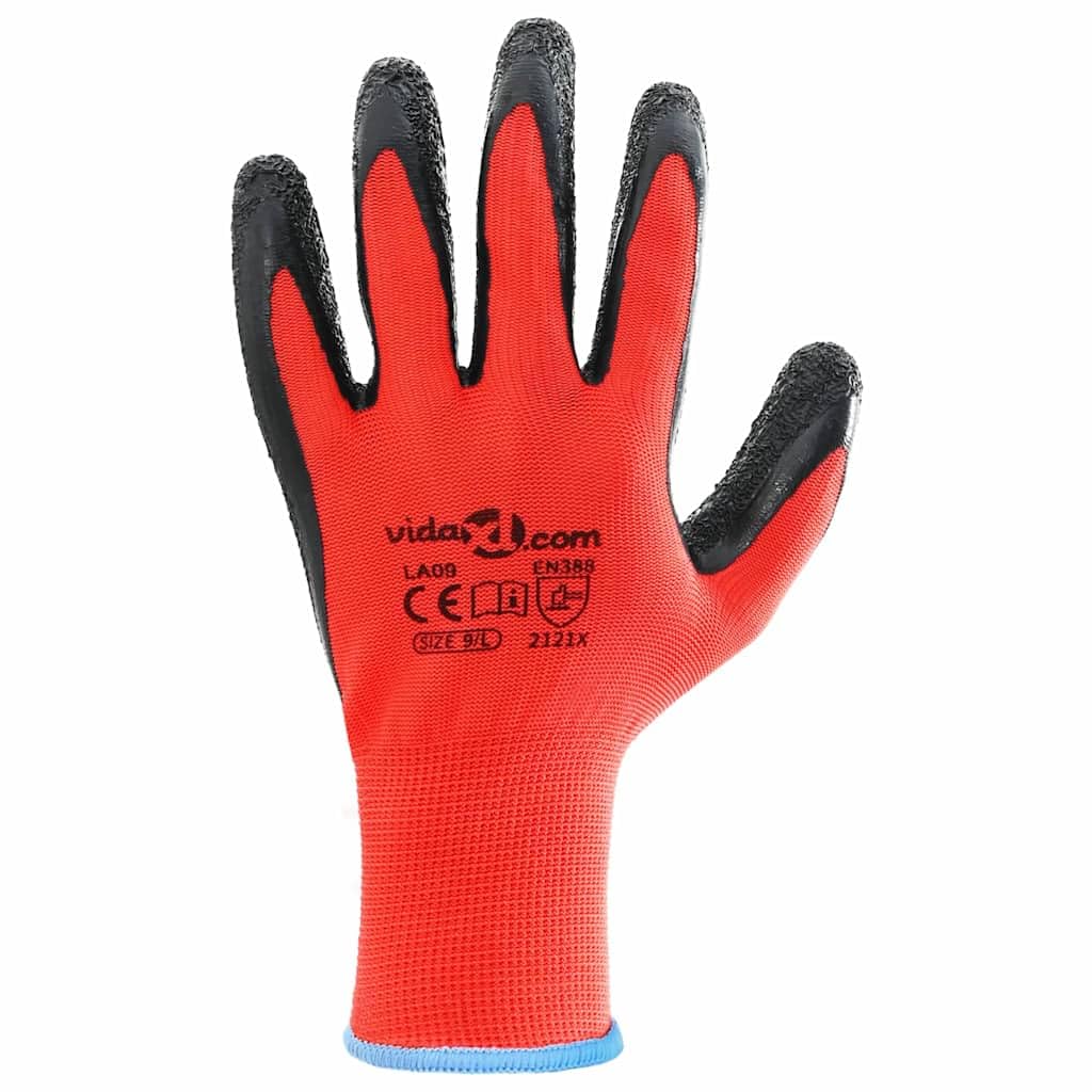 Guantes de trabajo, 24 unidades, color rojo y negro, talla 9, con revestimiento de látex, antideslizantes, transpirables, flexibles, para jardín, construcción, taller, montaje, artesanía