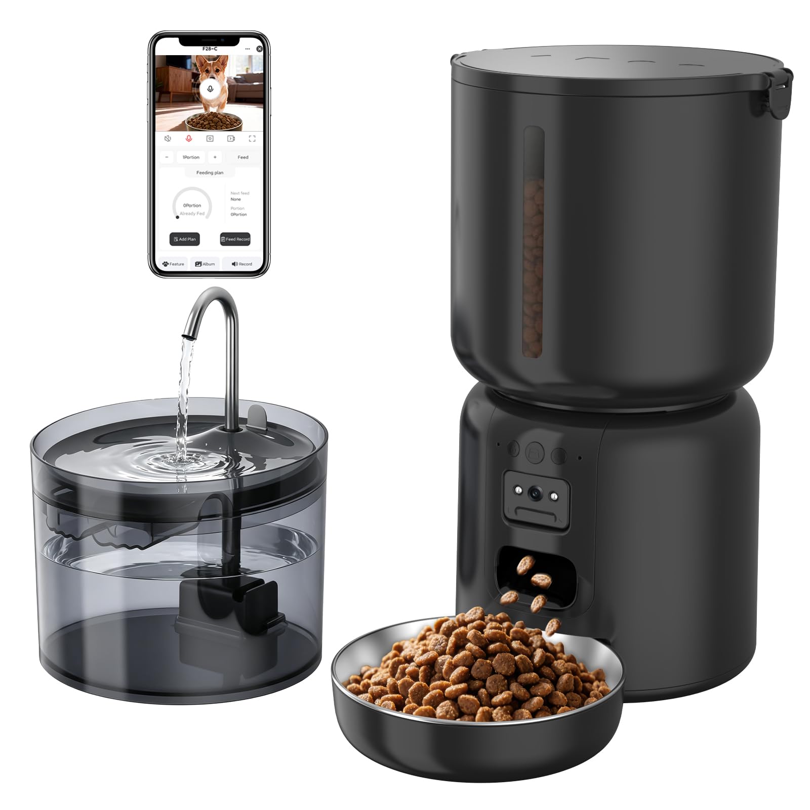 Comedero automático para gatos con cámara de 2 MP y control por aplicación, dispensador automático de alimentos para gatos y perros, 5 G WiFi, visión nocturna, 1 – 10 comidas al día, juego de fuente