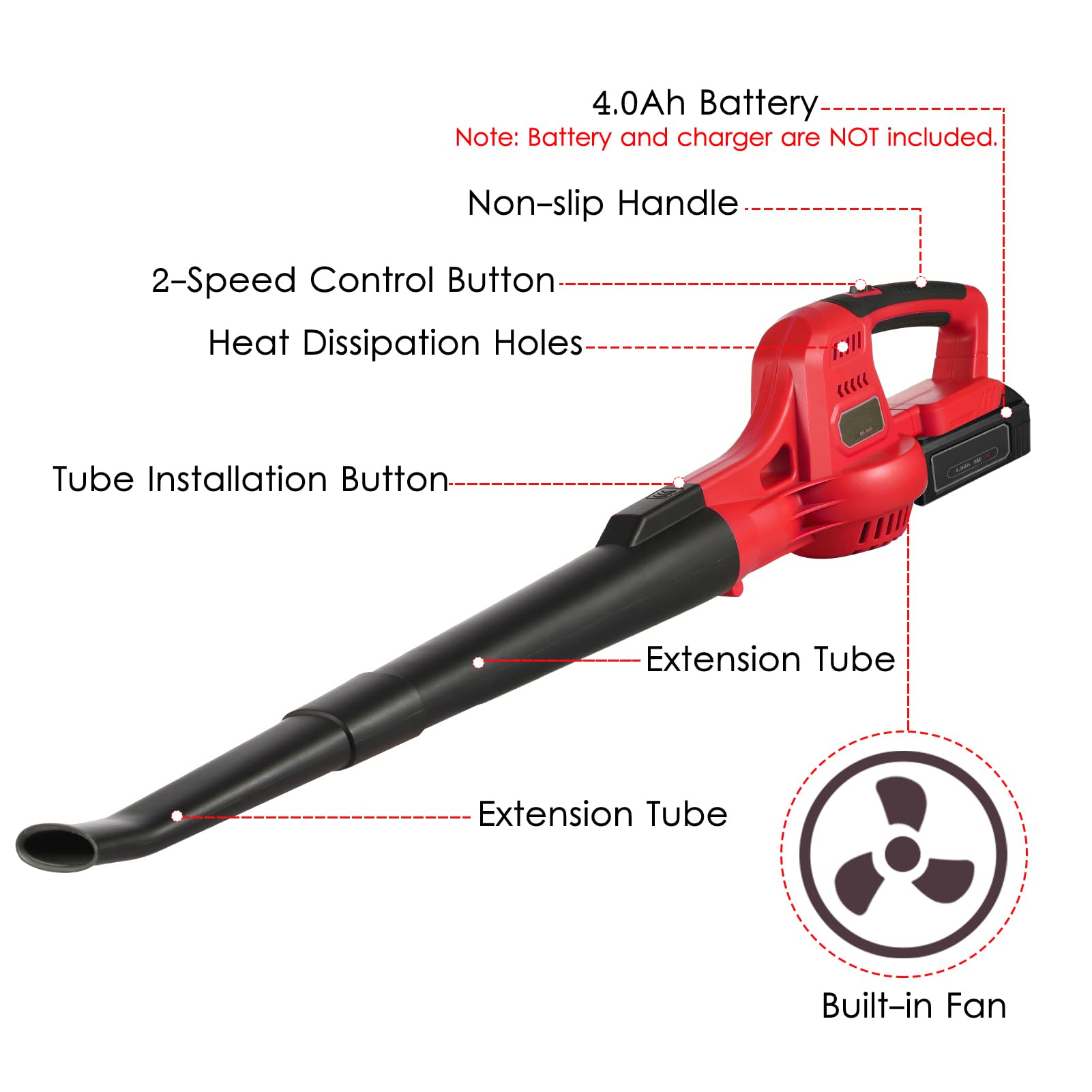 BRRNOO Soplador de Hojas Inalámbrico de 20 V, Soplador de Hojas Eléctrico Portátil de Mano con 2 Tubos de Extensión Desmontables, Batería de 4,0 Ah, Control (1 batería de 4,0 Ah y Enchufe Europeo.)