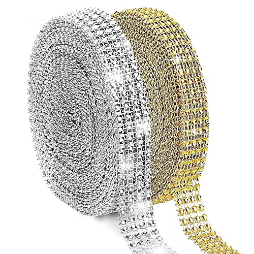 2 rollos de cinta de diamantes de imitación de 4 filas, cintas de diamantes de imitación brillantes de 10 yardas para proyectos de manualidades (dorado y plata) Cover