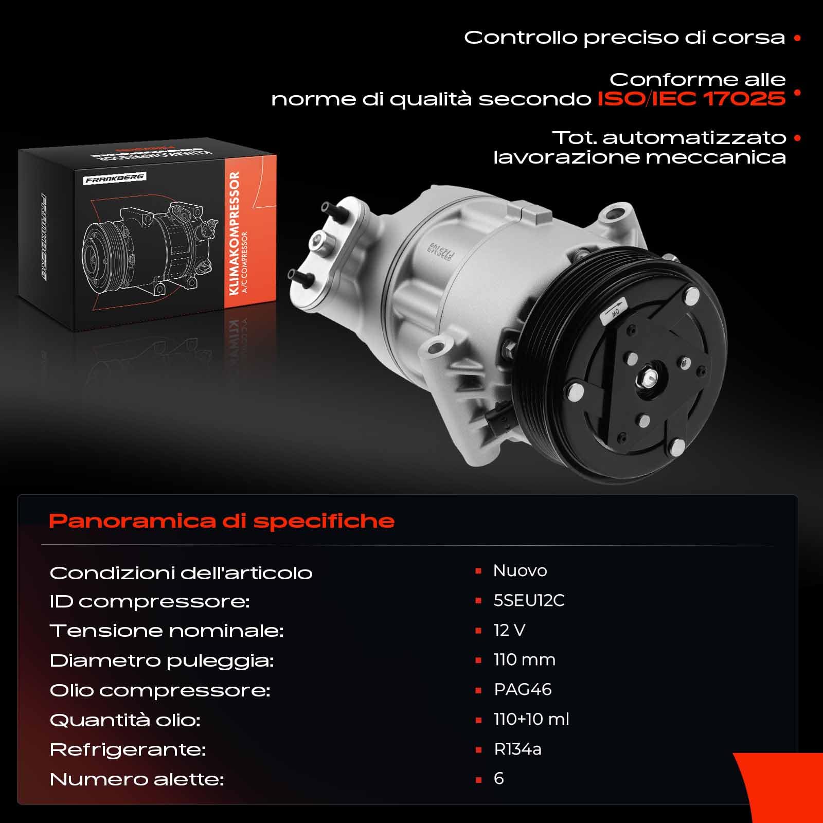 Frankberg Compressore dell'aria condizionata con frizione Compatibile con 500L 351 352 1.2L Diesel Tipo 356 357 1.6 Benzina Tipo 356 357 1.3D 1.2L Diesel 51883101, compreso l'olio preconfezionato