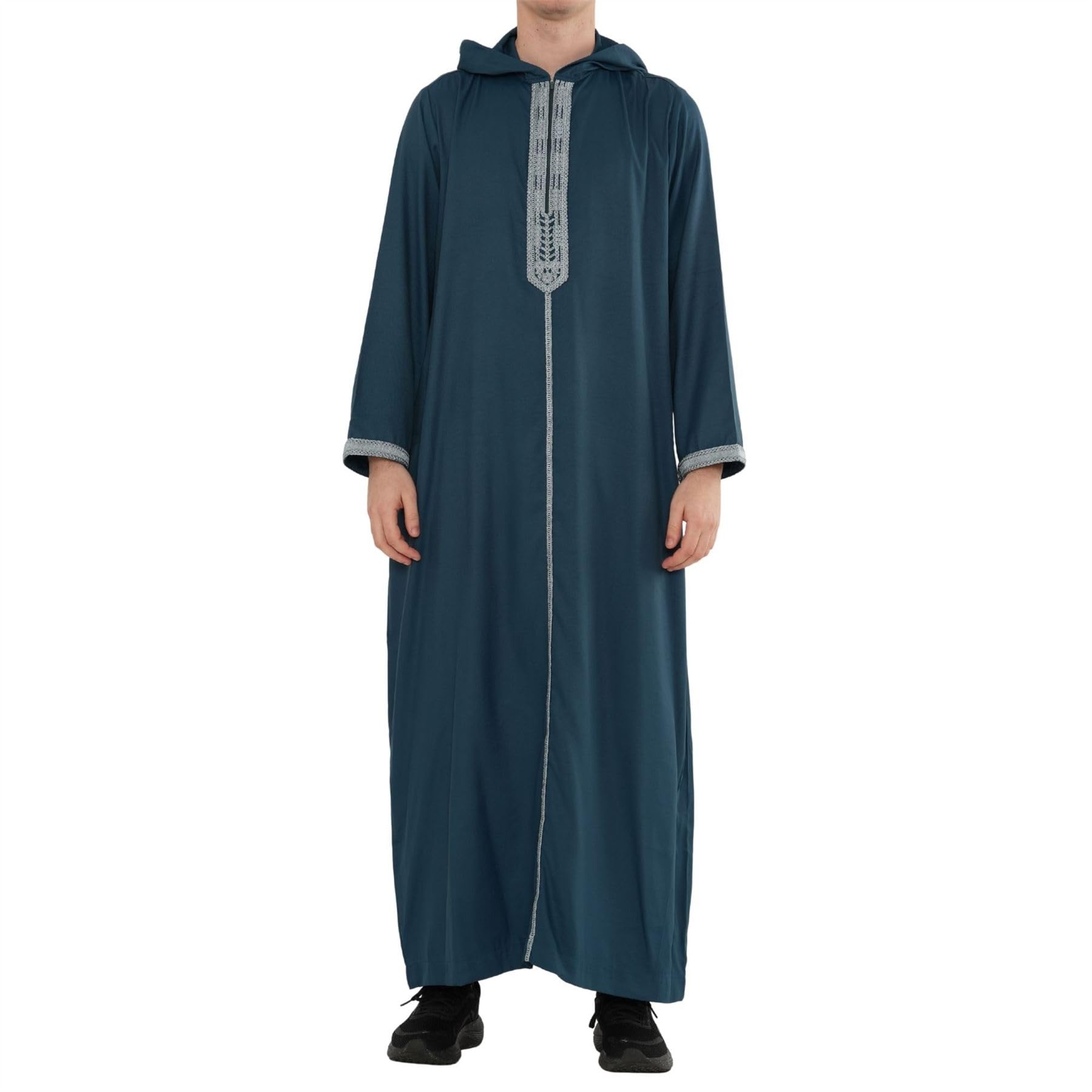 Men's Moroccan Thobe Hooded Djellaba Gandoura Embroidery Kaftan Eid Robe Hood Jubba - Aqua 58