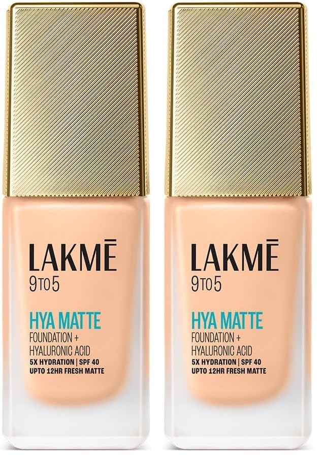 Image of LAKME 9to5 Hya Matte Foundation, Cool Ivory, 25ml, for Natural and Hydrated Look, with 5% Hyaluronic Acid Complex & SPF 40, 3x Oil Control, Smudge Proof, for Women (Pack of 2)