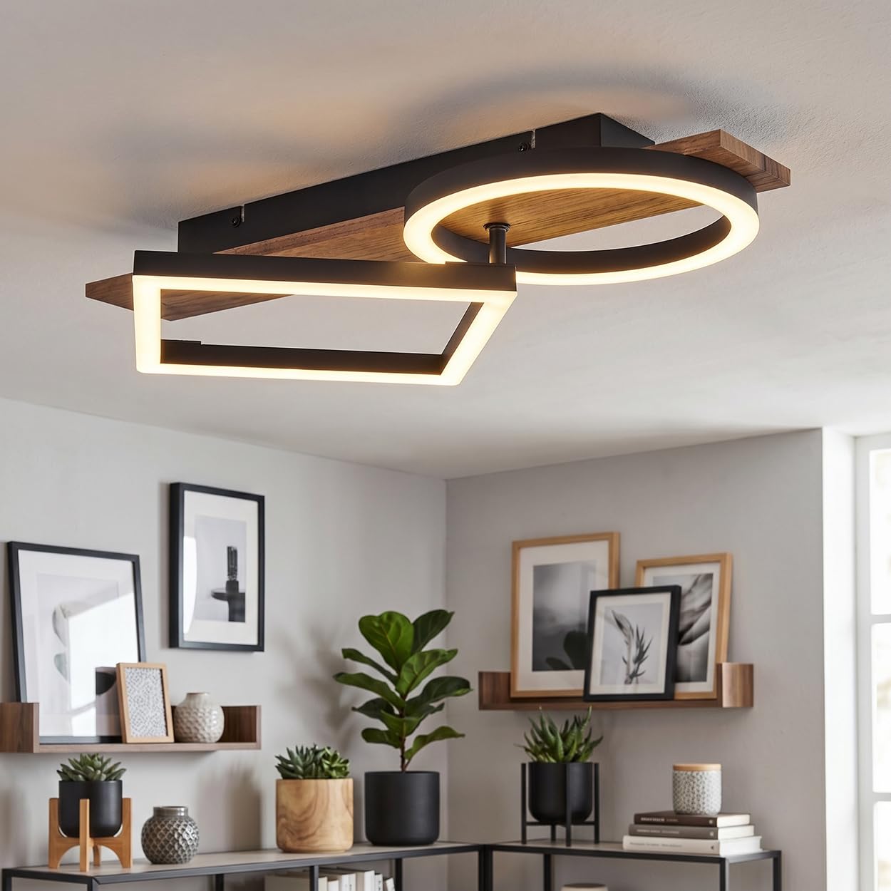 HOFSTEIN LED Deckenleuchte Cascada, Deckenlampe aus Metall/Holz/Kunststoff in Schwarz/Braun/Weiß, 18 Watt, 3000 Kelvin, Leuchte im modernen Design für Schlafzimmer, Esszimmer, Wohnzimmer, Küche, Flur