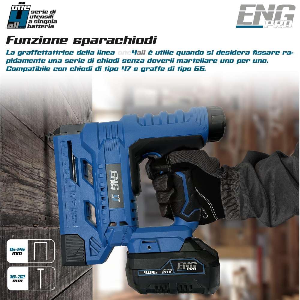 Graffettatrice e Sparachiodi 2-in-1 | Linea Professionale ONE4ALL 20V | 30 Colpi al Minuto, 6 Regolazioni di Pressione | Sicurezza Ergonomica, Luce LED | 2 Batterie 2.0 Ah