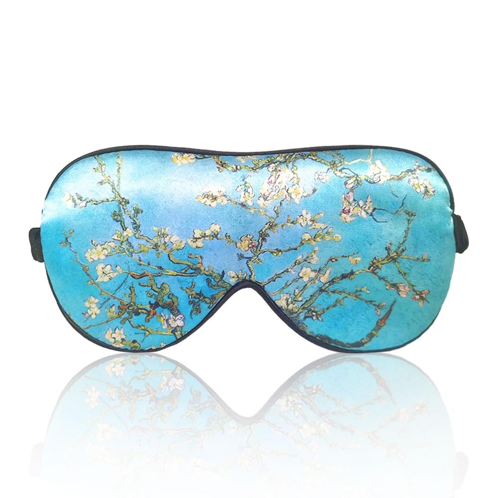 Van Gogh Sleep Eye Mask - Light Blockout Comfort Soft Silk Eye Mask for Women & Men - 1 Pair Ear Plugs - Travel Pouch (Almond Blossom Tree)
