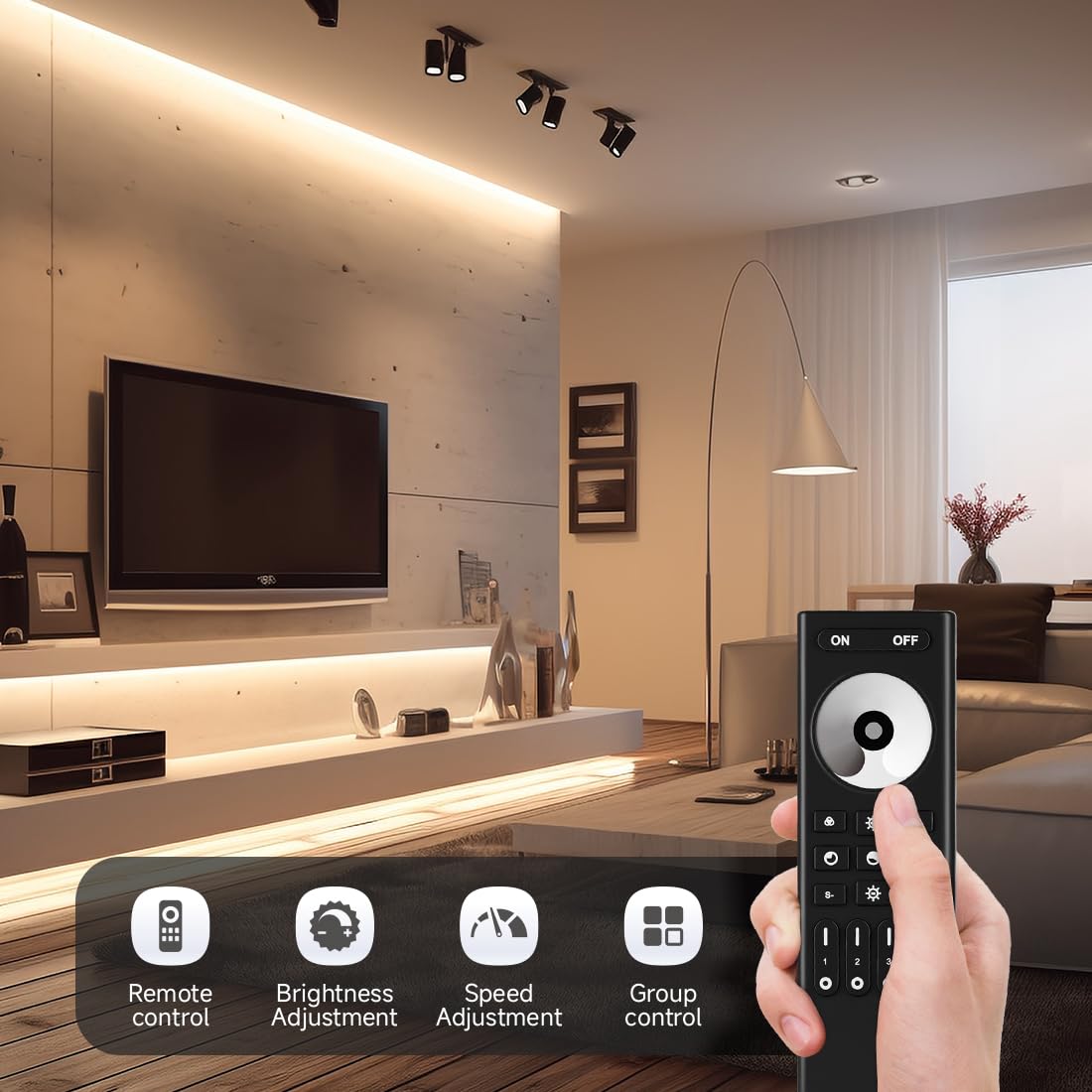 FCOB COB Single Color Dimming RF Remote RC01RFB, 4 Zones Group Control for 5050SMD COB Single Color (+V -V) 2pin 5V 12V 24V LED Strip, Work with WB5 LM052 LM053 C01W C01RF etc