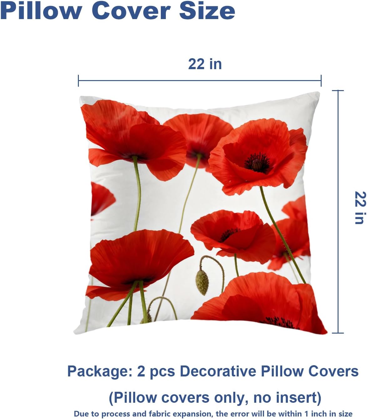 Batmerry Poppy White Decorative Pillow Covers, 22 x 22 Inch Poppy Flowers Isolated Double Sided Throw Pillow Covers Sofa Cushion Cover Square 22 Inches(Set of 2)