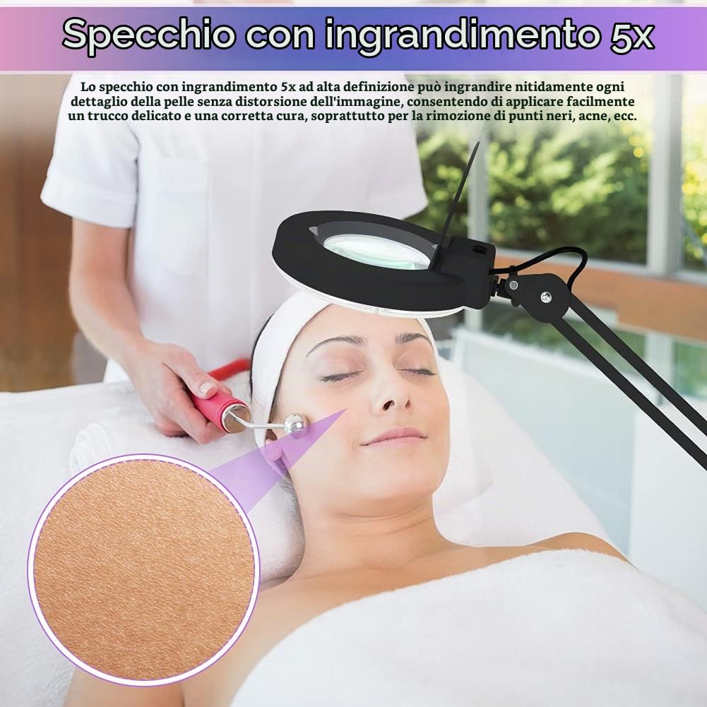 Lente 5 DIOTTRIE d'Ingrandimento, 5X Lente d' ingrandimento con LED e Rotelle, Luce per Estetista, Laboratorio e Lavori di Precisione, 220-240V, Nero