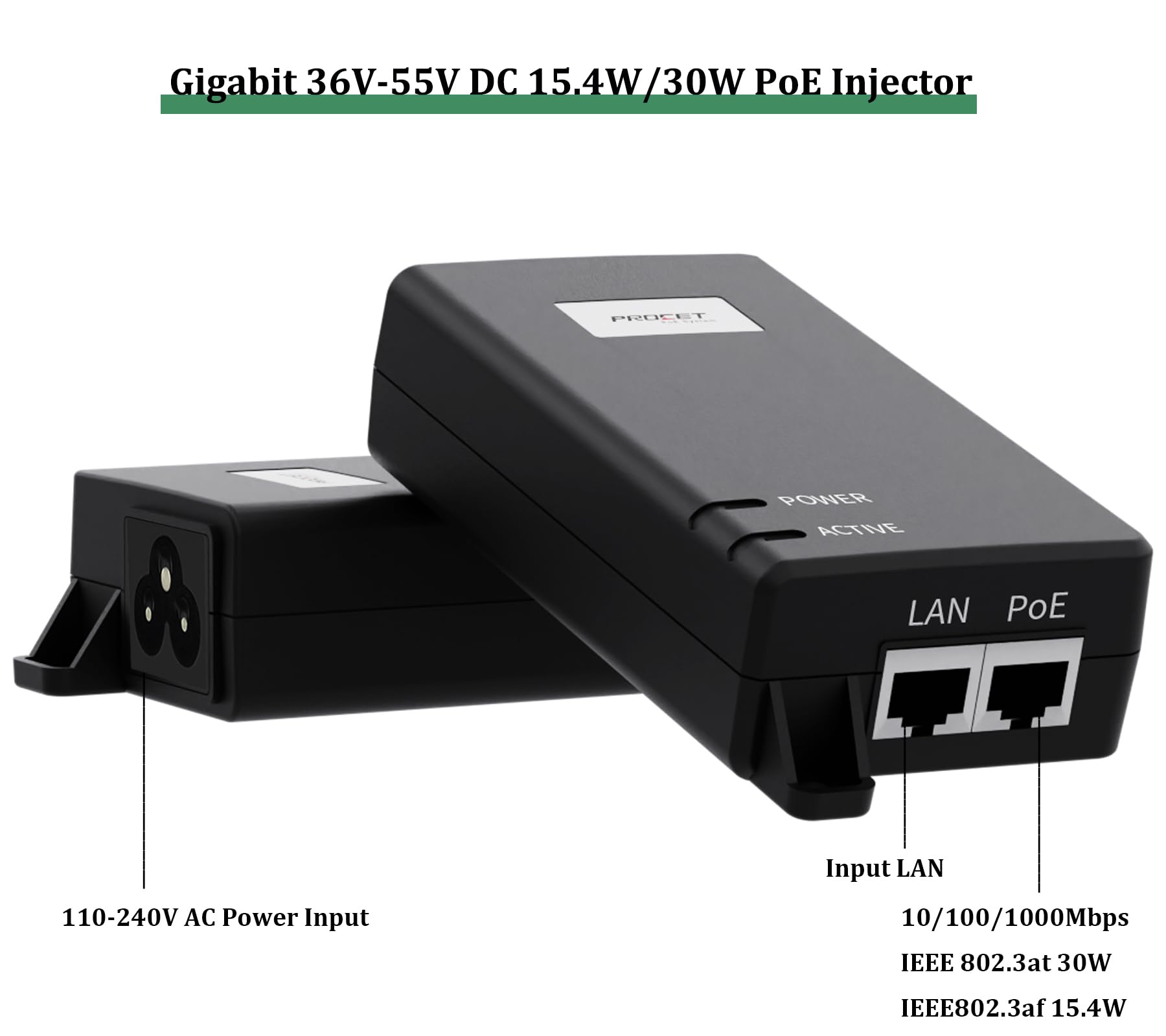 PROCET Gigabit PoE Injector 36V-55V 15.4W/30W IEEE802.3af/at Standard Compliance Ethernet Adapter for eero PoE 6, UniFi U6 Mesh Pro, U7 Pro, G5 Pro Camera, Reolink RLK8, Wireless AP, PoE Doorbell