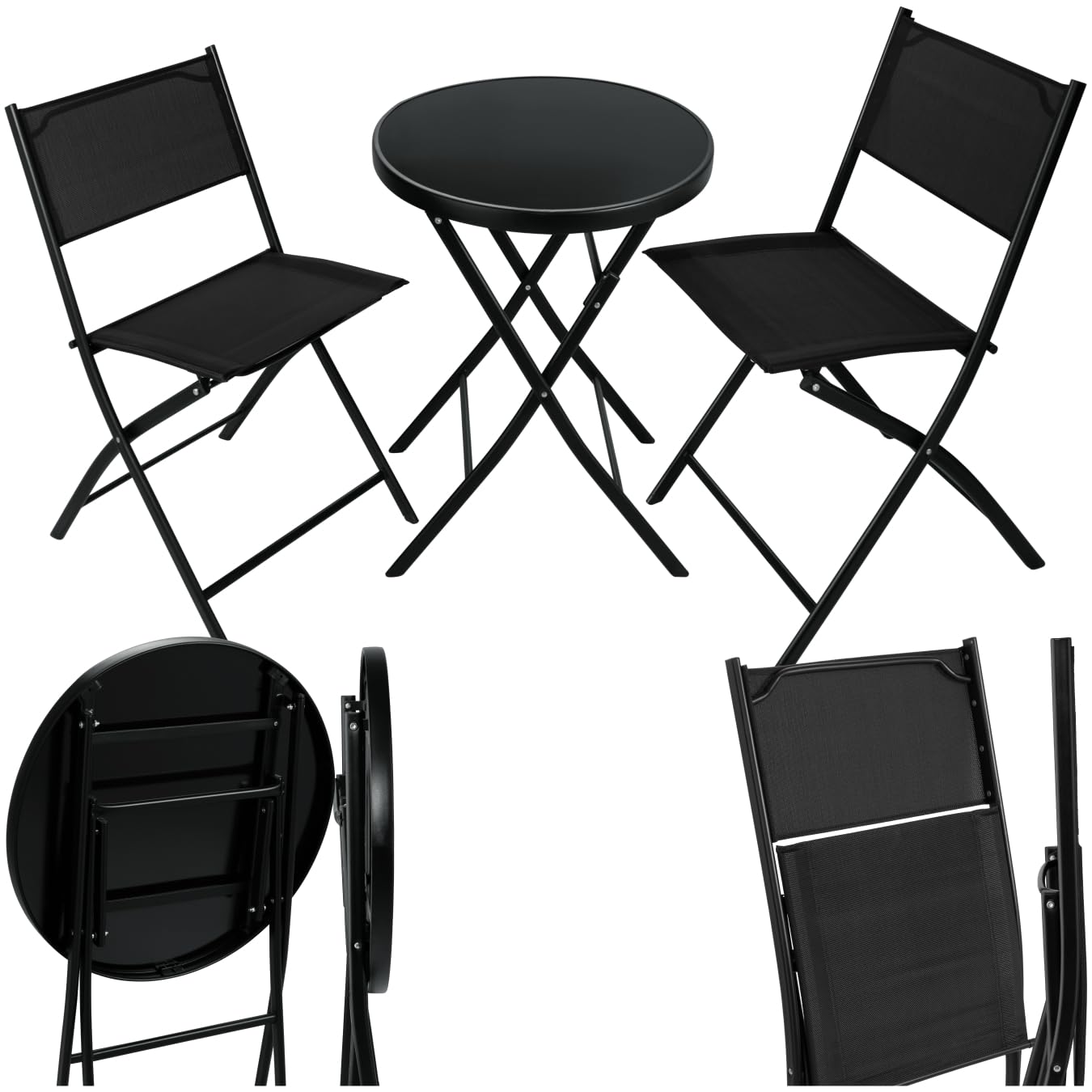 TecTake® Conjunto Muebles Jardín Exterior 3 Piezas con Estructura de Acero, Mesa y Sillas Terraza Resistentes a Intemperie, Topes en Patas, Tela de Secado Rápido, Asas para Fácil Transporte - Negro