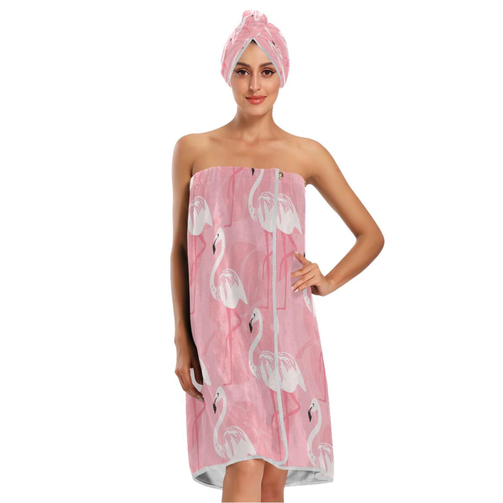 KEEPREAL Women's Spa Towel Wrap Set of 3, Pink Flamingo Bathrobe Shower Bath Body Wrap with Adjustable Closure