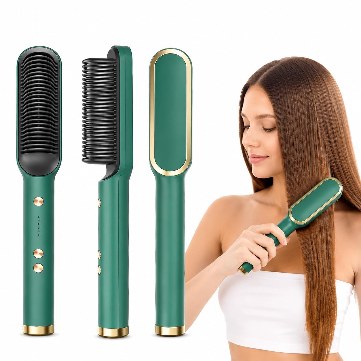 cutestuff 3 in1 ceramic hair straightening brush, hair straightener for woman, electric hair brush straightener comb for smooth, silky hair, straightener brush with 30s heating, 5 heat settings - green