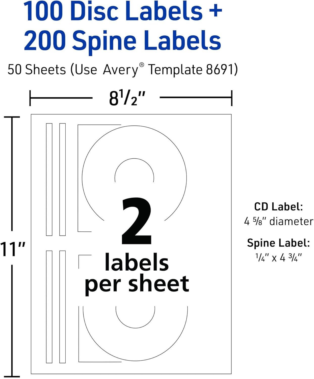 Avery Printable CD Labels, Matte White, Permanent Adhesive, Inkjet Printer Compatible, 100 Disc & 200 Spine Labels, Ideal for CDs, DVDs, PC Discs, Media Projects & More (8691)