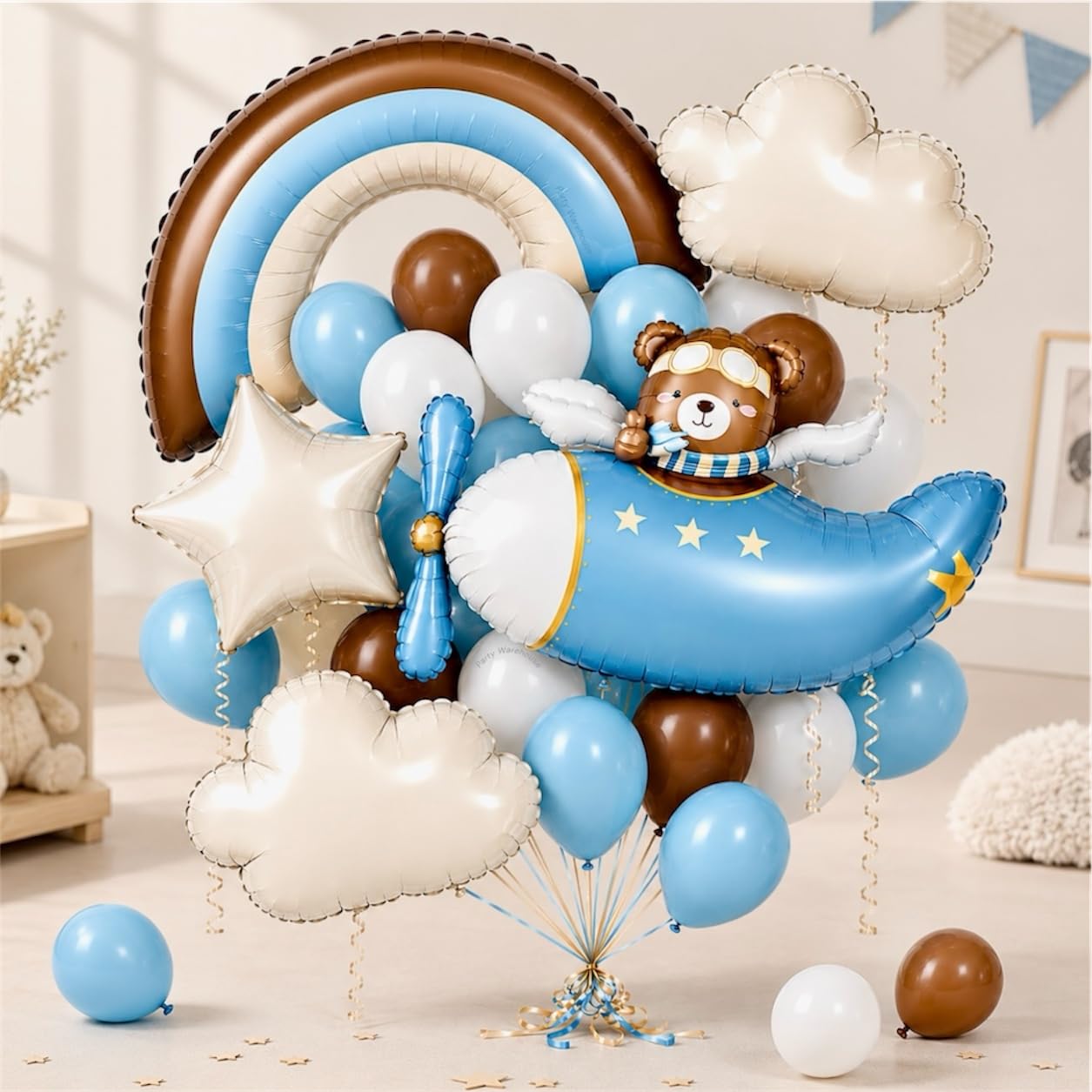 Party Warehouse Teddy Bear Airplane Balloon Set for Boys|Blue Aeroplane Foil Balloon with Rainbow,Clouds,Star & Teddy Pilot Balloon|Baby Shower,Hospital & Welcome Baby,1st Birthday Party Decor-11pc-image-45