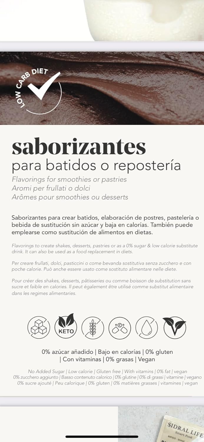 SIDRAL LIFE Saborizantes sin azúcar para leche batidos postres Instantáneas en Polvo con Vitamina C y B12 15 Sobres Mix
