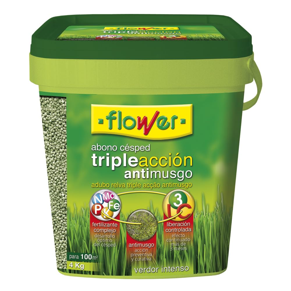 Flower - Abono Césped Triple Acción 4kg | Fertilizante Complejo Anti-Musgo | Efecto Prolongado Más de 3 Meses | Para 100m2, No Aplica Color, 20x20x20.7 cm, Material Abono