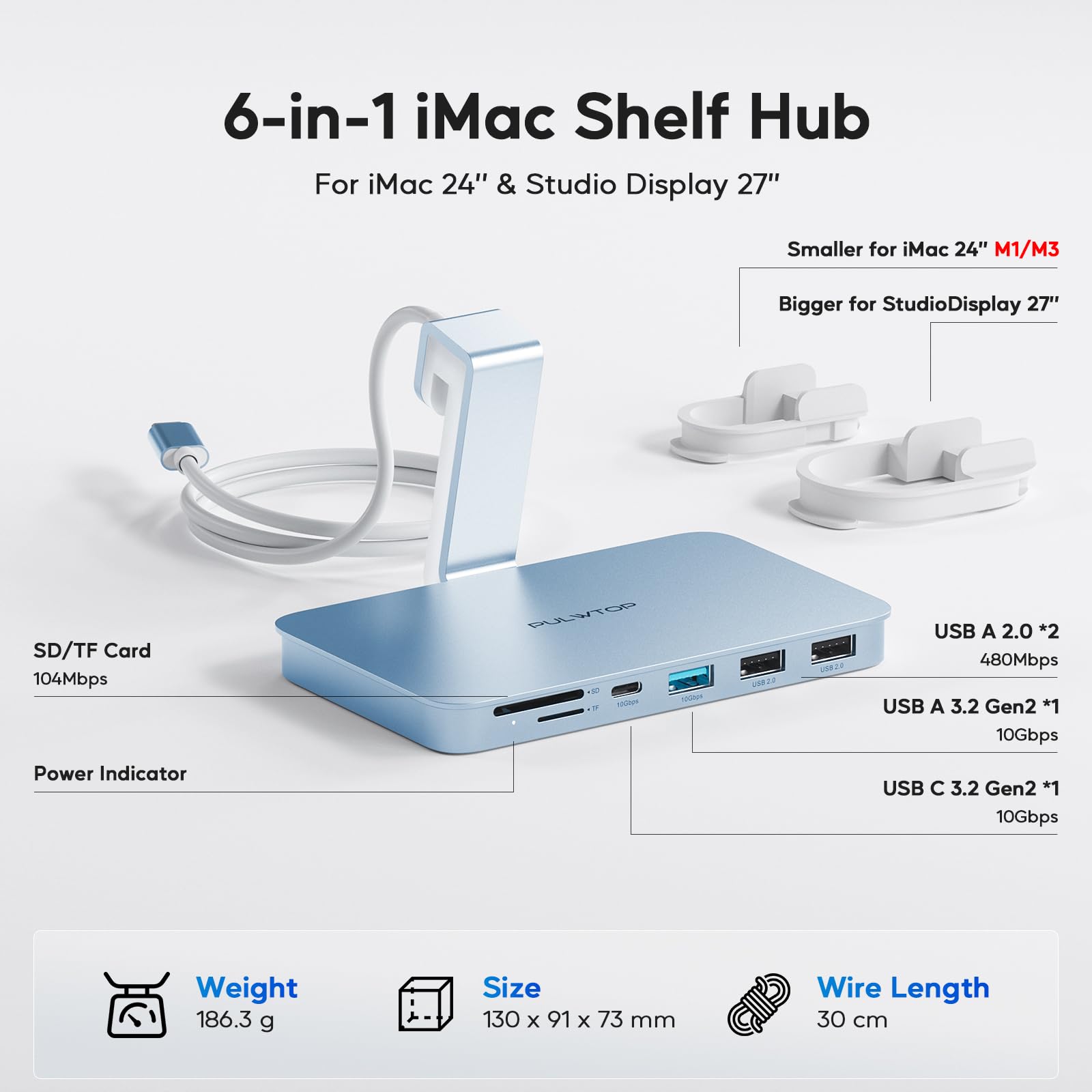 iMac Accessories for i-Mac 2021/2023/2024, PULWTOP USB C Hub for iMac with USB A/C 10Gbps, Hub for M1/M3/M4, 2USB A 2.0, SD/TF Card Reader for iMac24 inch & Studio Display 2 Blue