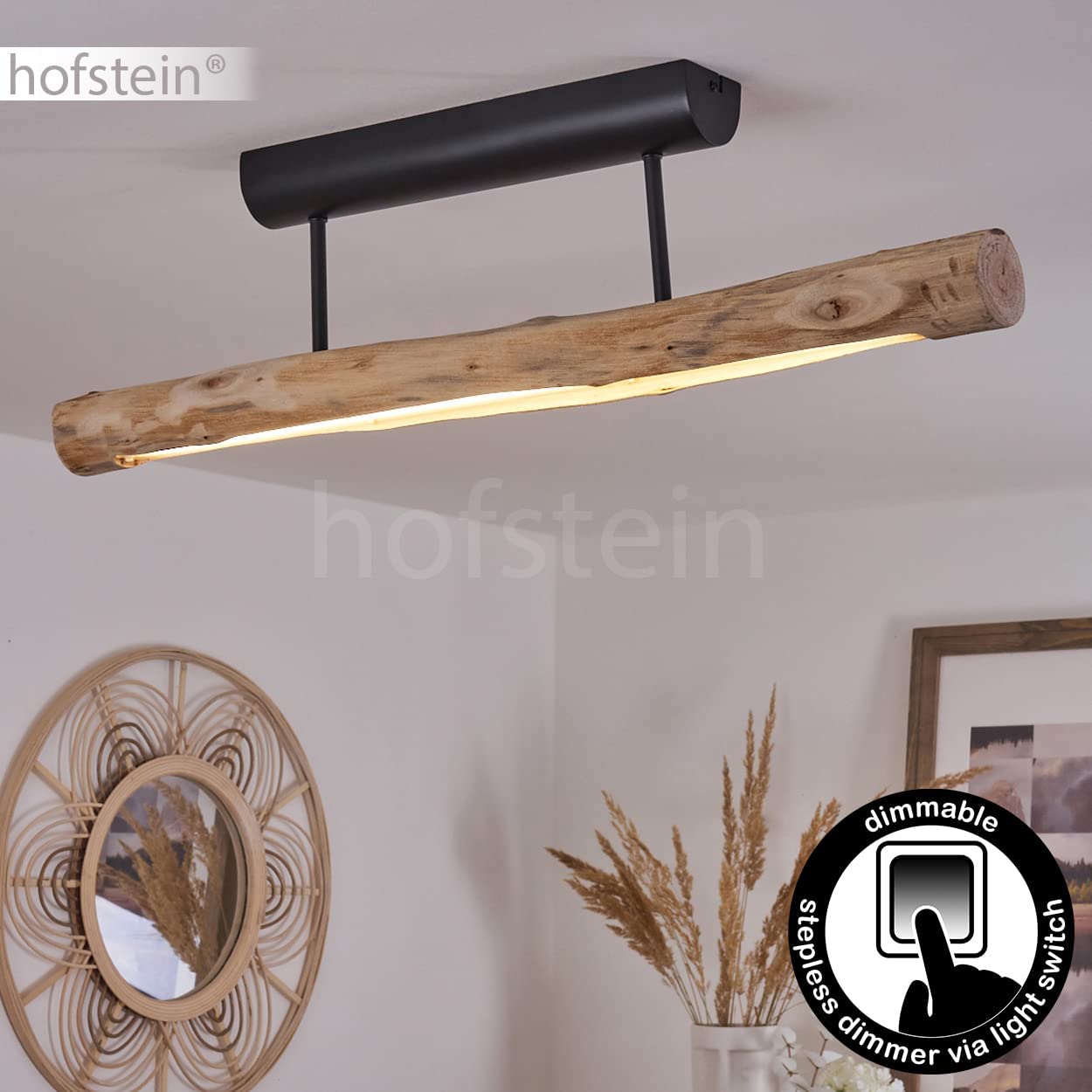 Plafoniera Winterthur LED, plafoniera dimmerabile in metallo e asta di legno in nero/natura, 1 luce, 15 watt, 1062 lumen, colore della luce 3000 Kelvin (bianco caldo)