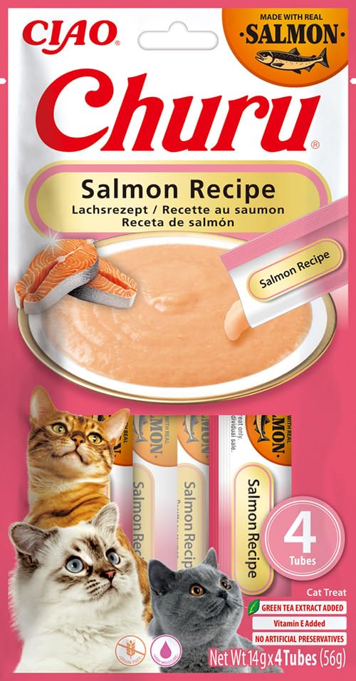 Churu Sticks by INABA Cat Treat, Salmon, 12 Pack (48 x 14g) / Soft & Creamy Cat Treat, Delicious & Healthy Snack