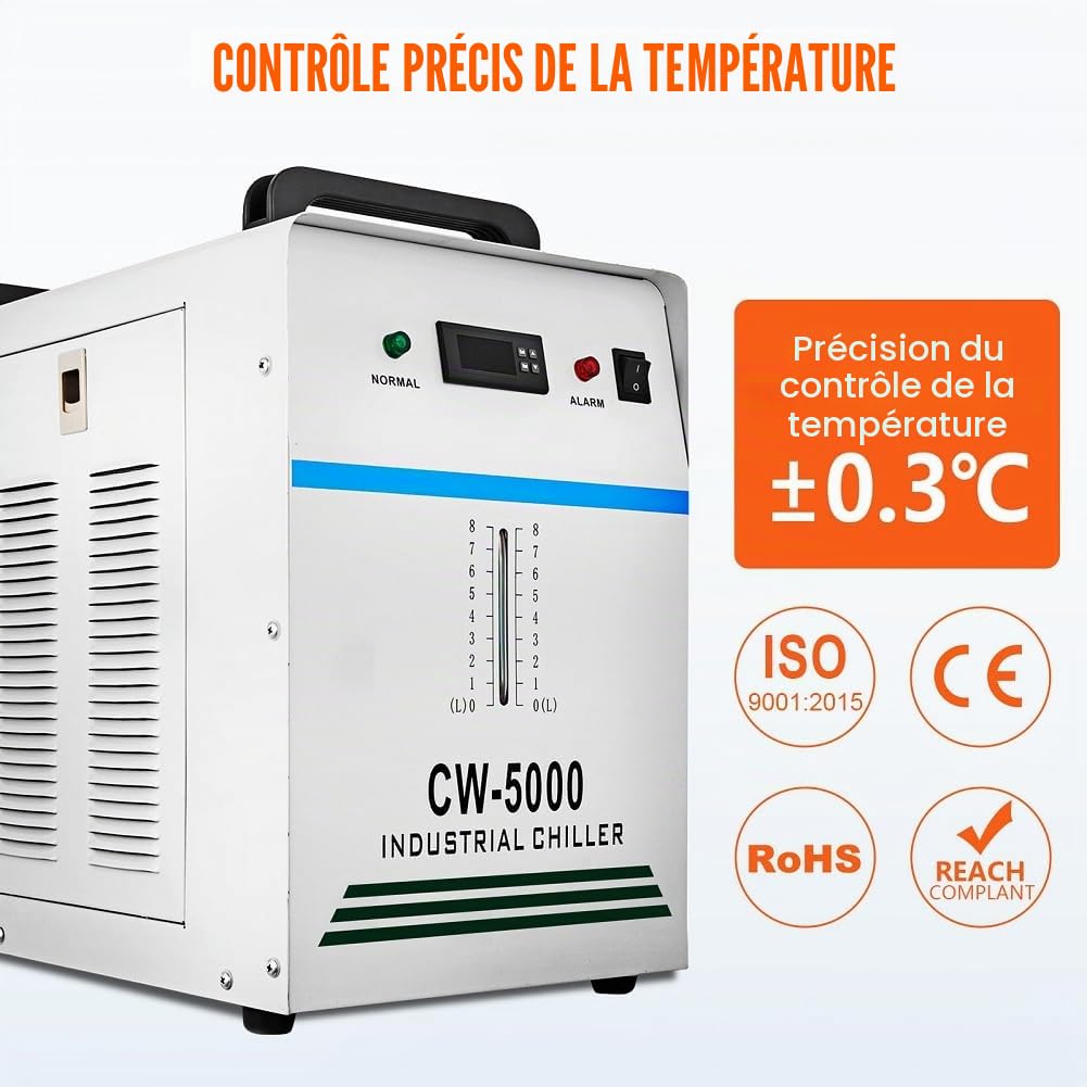 Refroidisseur d'eau Industriel Refroidissement CW5000 6L Refroidisseur d'eau Réfrigéré pour Machines de Gravure et de Découpe Laser CO2 80W/100W/130W Refroidit 5000 BTU/Heure(CW5000DG)