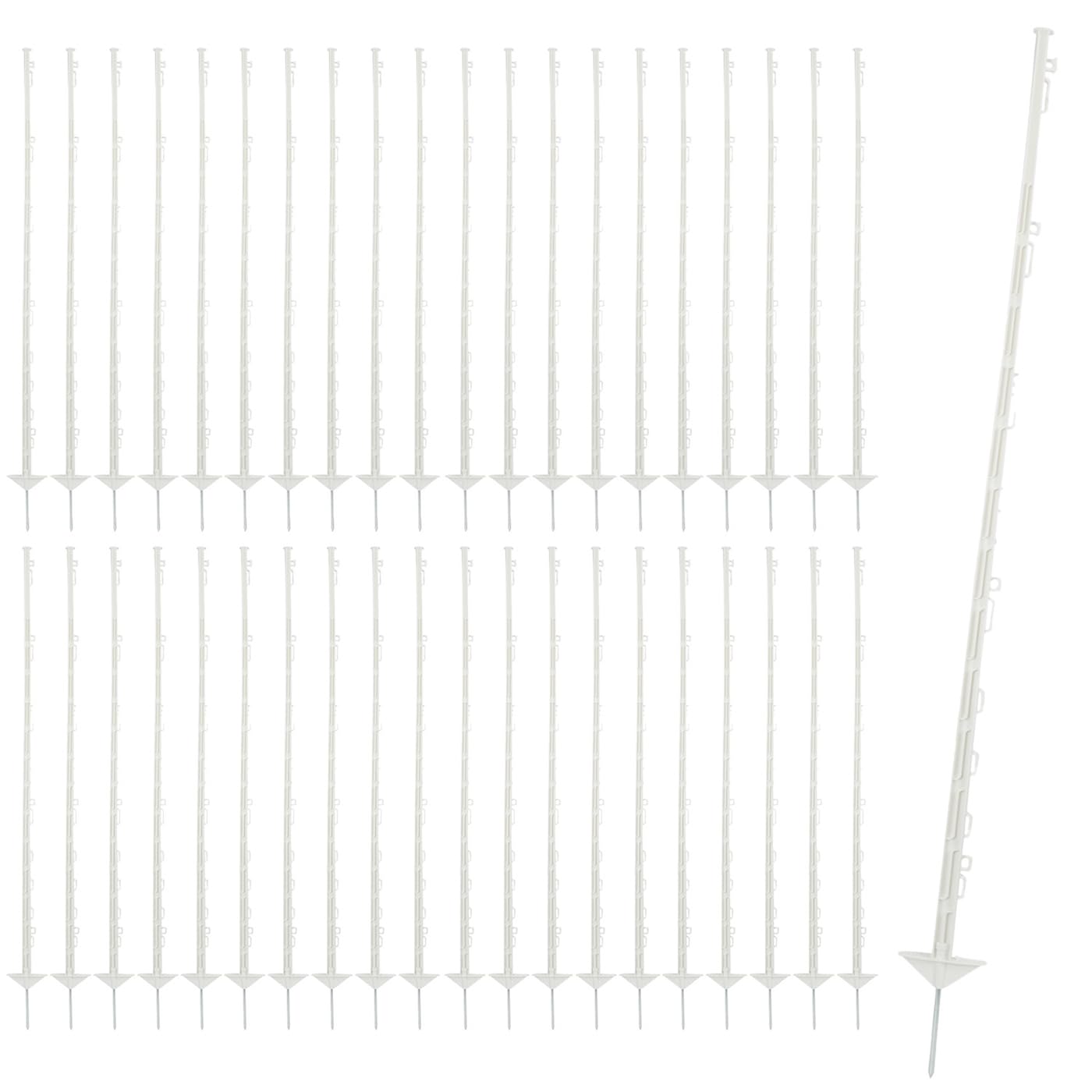 VOSS.farming 40x Weidezaunpfahl 150cm, Kunststoffpfähle, glasfaserverstärkt, weiß, vollisoliert, Doppeltritt, mit Ösen für Litze, Band, Seil, Mobilzaun?für Pferde/Rinder und andere Tiere
