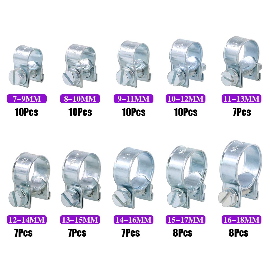 Image secondaire de Swpeet Lot de 84 colliers de serrage plaqués zinc 10 tailles pour tuyau d'injection de carburant, parfait pour l'automobile, l'a