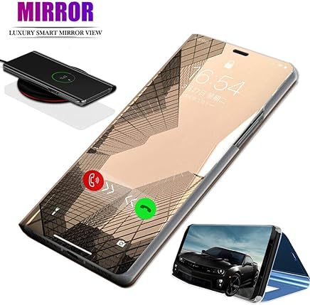 BOWFU Funda para XiaoMi RedMi Note 7,XiaoMi RedMi Note 7 Funda Espejo,Espejo Ultra Slim Brillante Standing Flip Clear View Case Cover para XiaoMi RedMi Note 7-Oro