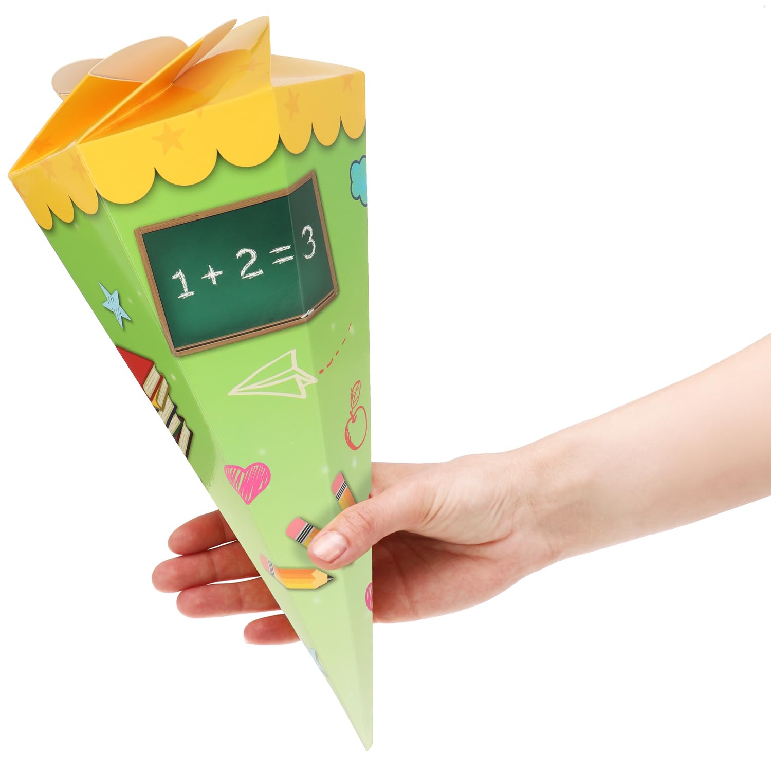 com-four® Mini Coni Scuola 30 cm – Coni in Cartone per Inizio Scuola (2 Giallo-Verde/Blu-Rosa)
