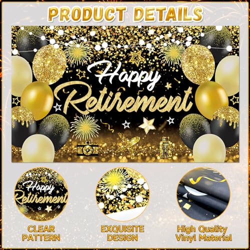 Image of Happy Retirement Party Decorations for Men and Women - Black and Gold Banner, Backdrop Card, Sash, Hanging Swirls, Foil Balloons, Honeycomb Centerpieces